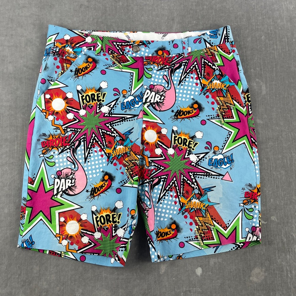 Royal & Awesome Men 36 Blue Pop Art Comic Golf Shorts Birdie Fore Eagle